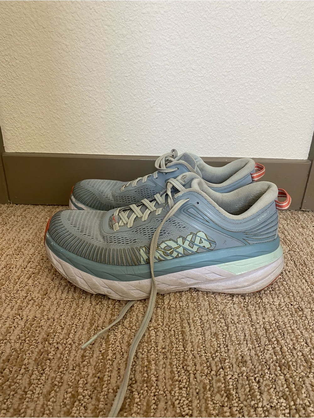Hoka Women's Light Teal Athletic Running Shoes with Coral Pull Tabs